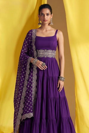 Purple Embroidered Silk Anarkali Suit (ACA9236)