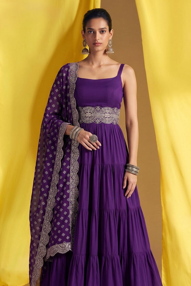 Purple Embroidered Silk Anarkali Suit (ACA9236)