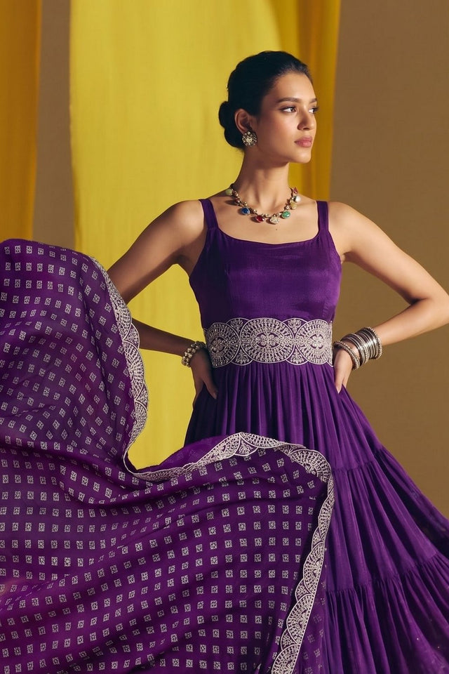 Purple Embroidered Silk Anarkali Suit (ACA9236)