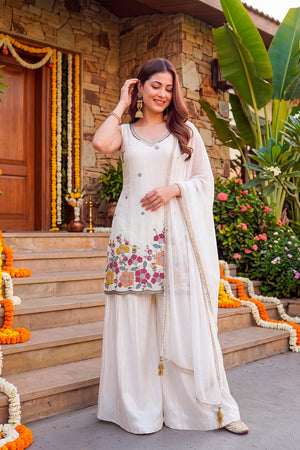 Off White Embroidered Crepe Anarkali Suit (ACA9237)