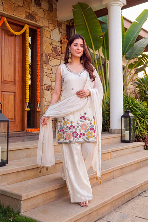 Off White Embroidered Crepe Anarkali Suit (ACA9237)