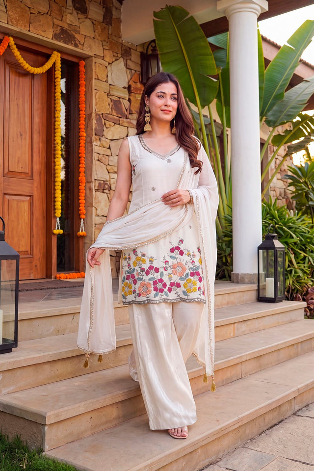 Off White Embroidered Crepe Anarkali Suit (ACA9237)