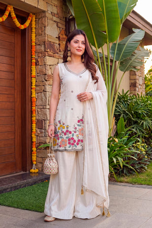 Off White Embroidered Crepe Anarkali Suit (ACA9237)
