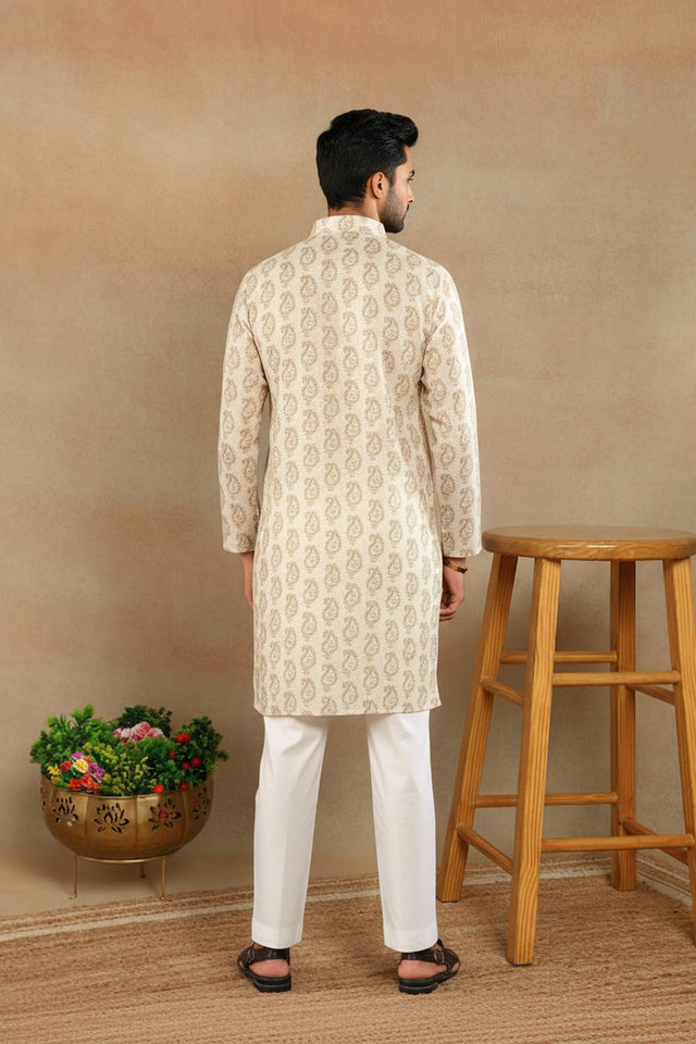 Mens Cream Digital Printed Linen Kurta Set (ACA9238)