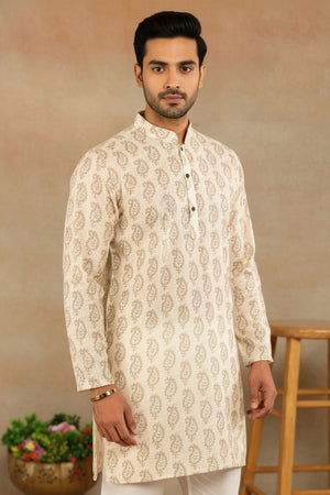 Mens Cream Digital Printed Linen Kurta Set (ACA9238)