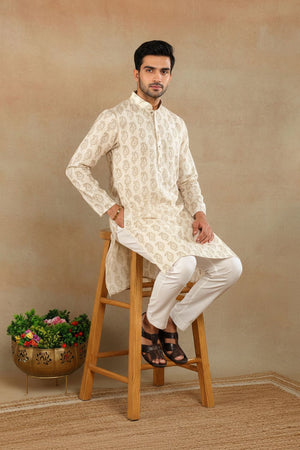 Mens Cream Digital Printed Linen Kurta Set (ACA9238)