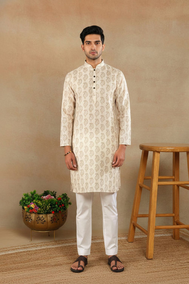 Mens Cream Digital Printed Linen Kurta Set (ACA9238)
