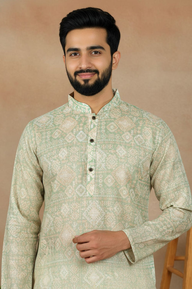 Mens Green Digital Printed Linen Kurta Set (ACA9239)