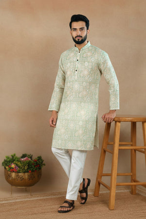 Mens Green Digital Printed Linen Kurta Set (ACA9239)