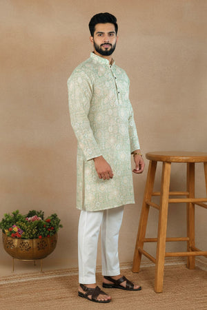 Mens Green Digital Printed Linen Kurta Set (ACA9239)