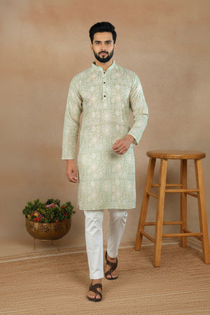 Mens Green Digital Printed Linen Kurta Set (ACA9239)