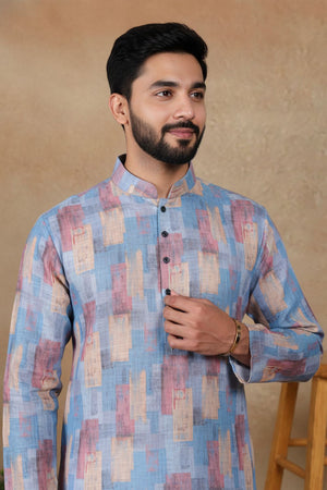 Mens Blue Digital Printed Linen Kurta Set (ACA9240)