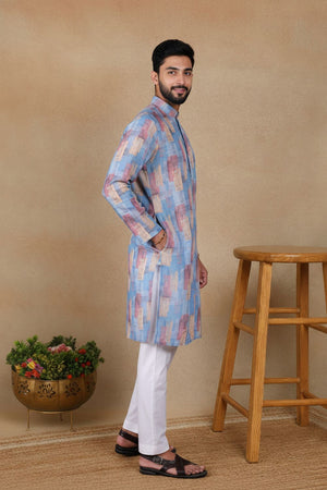Mens Blue Digital Printed Linen Kurta Set (ACA9240)