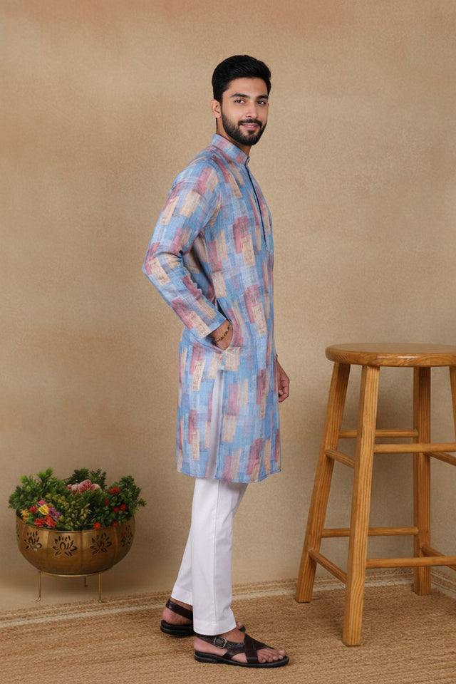 Mens Blue Digital Printed Linen Kurta Set (ACA9240)