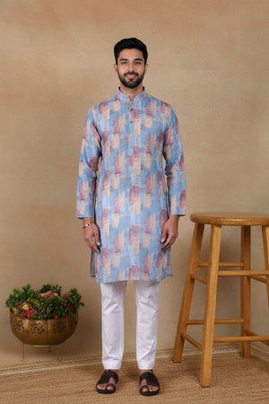 Mens Blue Digital Printed Linen Kurta Set (ACA9240)