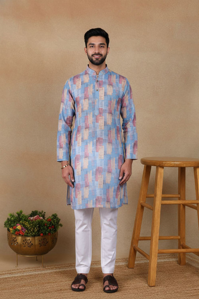 Mens Blue Digital Printed Linen Kurta Set (ACA9240)
