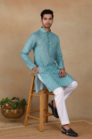 Mens Green Digital Printed Linen Kurta Set (ACA9241)