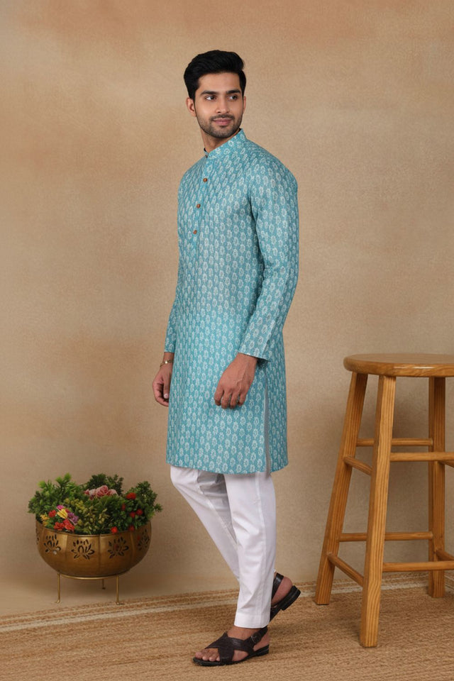 Mens Green Digital Printed Linen Kurta Set (ACA9241)