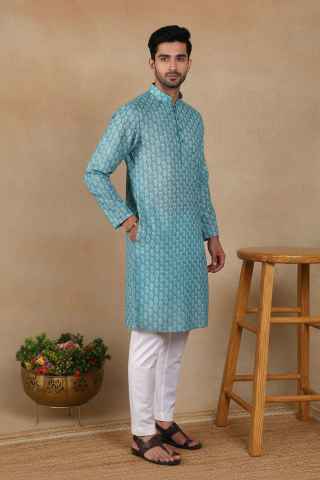 Mens Green Digital Printed Linen Kurta Set (ACA9241)