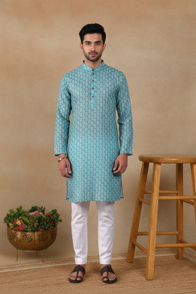 Mens Green Digital Printed Linen Kurta Set (ACA9241)