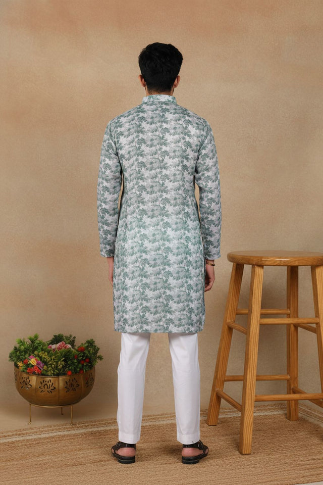 Mens Green Digital Printed Linen Kurta Set (ACA9242)