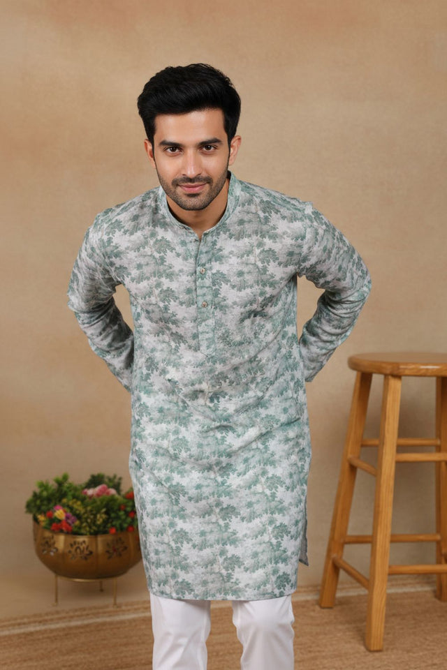 Mens Green Digital Printed Linen Kurta Set (ACA9242)