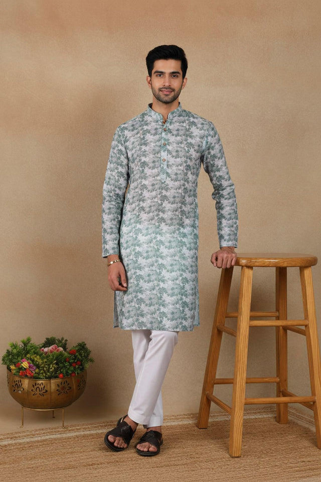 Mens Green Digital Printed Linen Kurta Set (ACA9242)