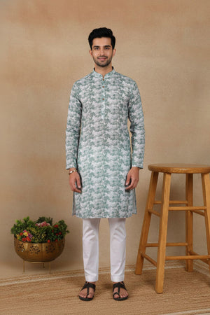 Mens Green Digital Printed Linen Kurta Set (ACA9242)