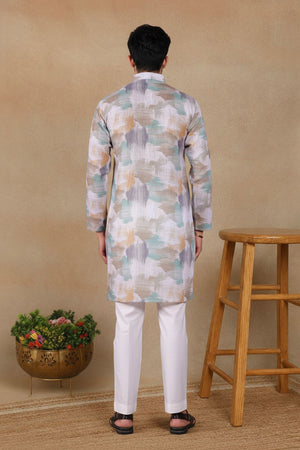 Mens Off White Digital Printed Linen Kurta Set (ACA9243)