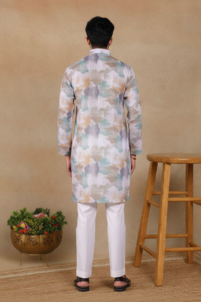 Mens Off White Digital Printed Linen Kurta Set (ACA9243)