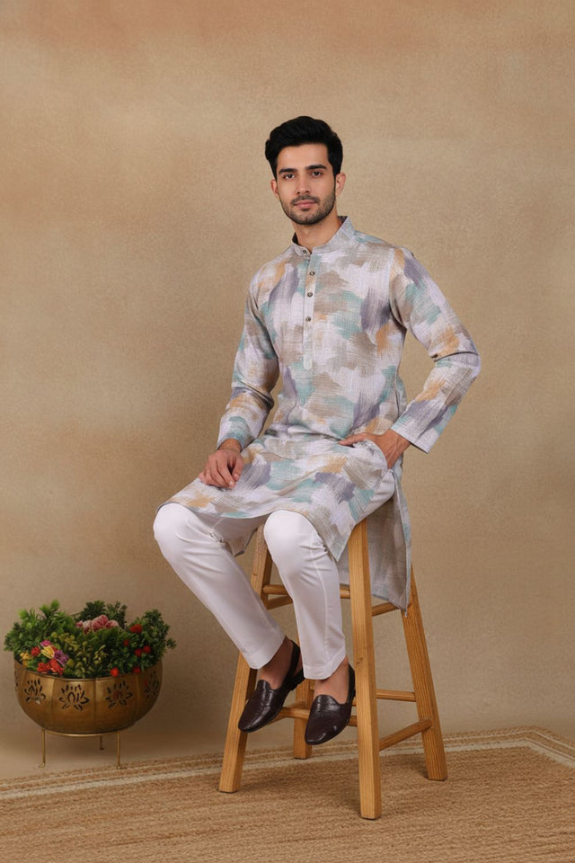 Mens Off White Digital Printed Linen Kurta Set (ACA9243)
