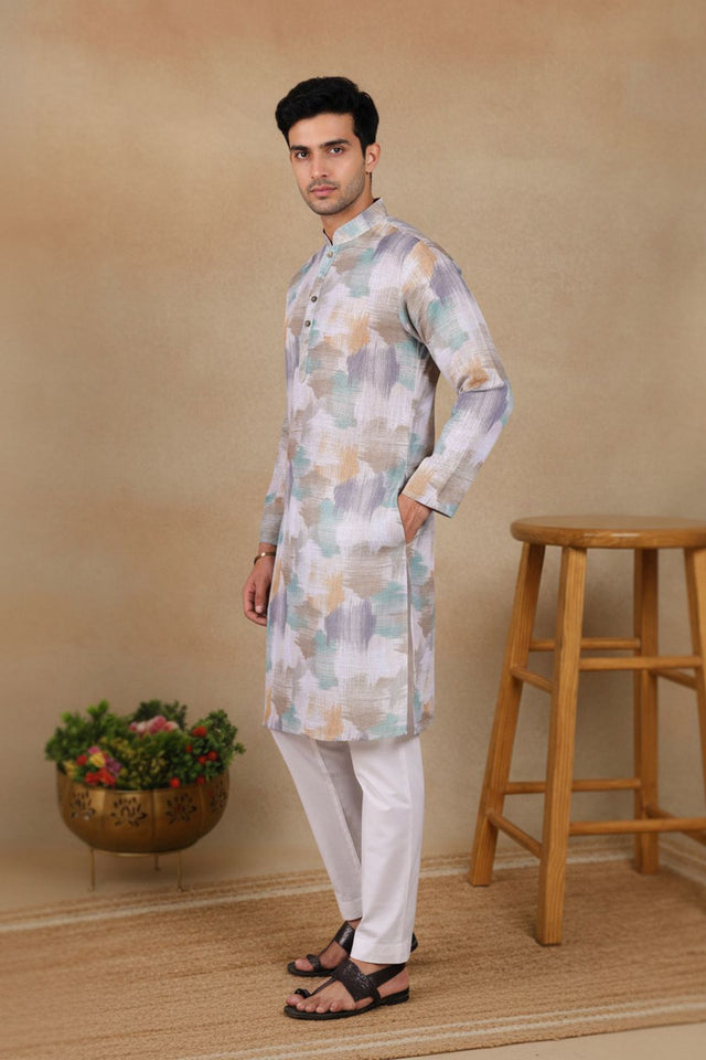 Mens Off White Digital Printed Linen Kurta Set (ACA9243)