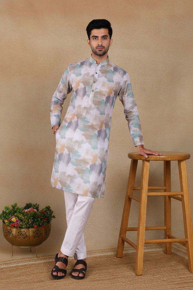Mens Off White Digital Printed Linen Kurta Set (ACA9243)