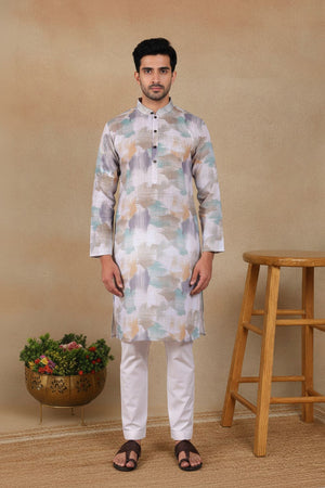 Mens Off White Digital Printed Linen Kurta Set (ACA9243)