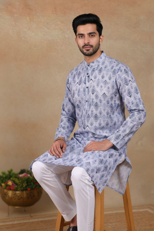 Mens Blue Digital Printed Linen Kurta Set (ACA9244)