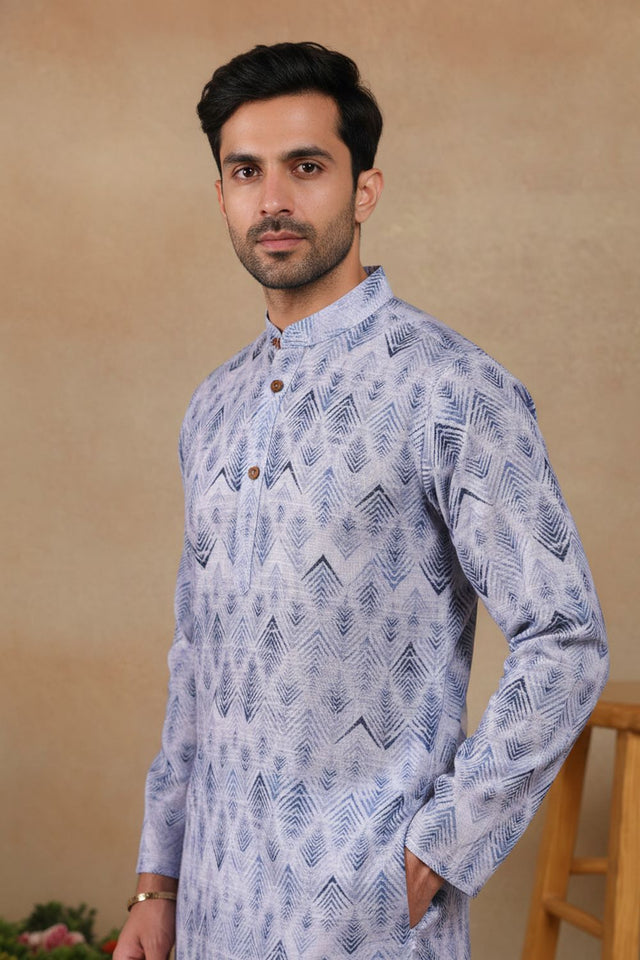 Mens Blue Digital Printed Linen Kurta Set (ACA9244)