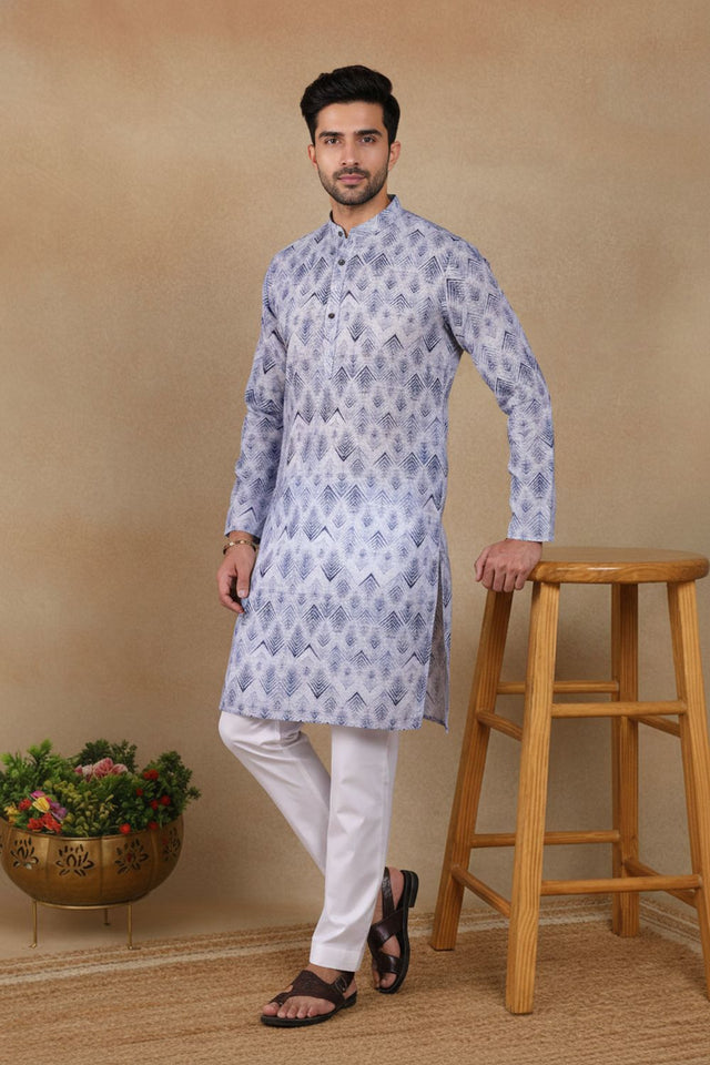 Mens Blue Digital Printed Linen Kurta Set (ACA9244)