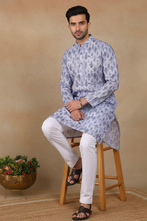 Mens Blue Digital Printed Linen Kurta Set (ACA9244)