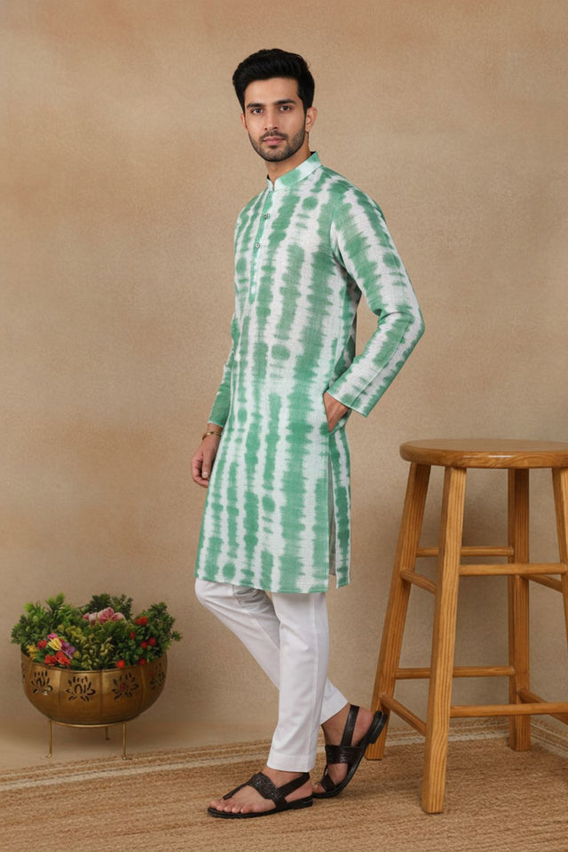 Mens Green Digital Printed Linen Kurta Set (ACA9245)