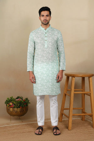 Mens Green Digital Printed Linen Kurta Set (ACA9246)
