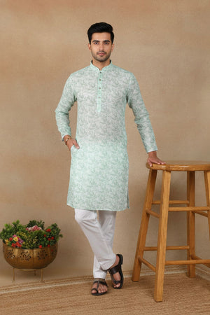 Mens Green Digital Printed Linen Kurta Set (ACA9246)