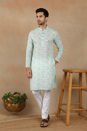 Mens Green Digital Printed Linen Kurta Set (ACA9246)