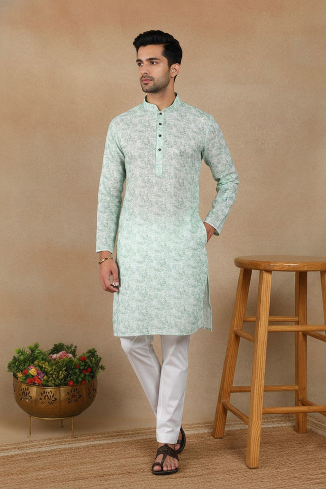 Mens Green Digital Printed Linen Kurta Set (ACA9246)