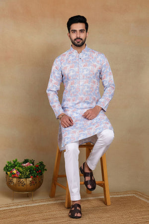 Mens Lavender Digital Printed Linen Kurta Set (ACA9247)
