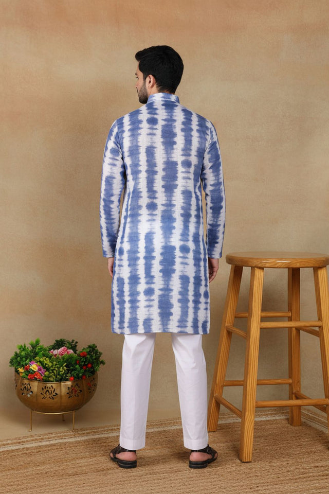 Mens Navy Blue Digital Printed Linen Kurta Set (ACA9248)