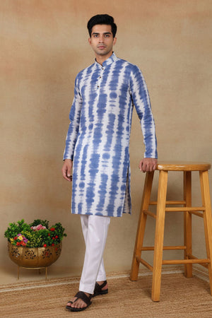 Mens Navy Blue Digital Printed Linen Kurta Set (ACA9248)