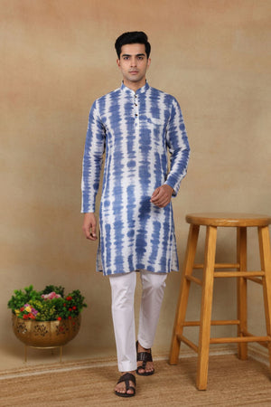 Mens Navy Blue Digital Printed Linen Kurta Set (ACA9248)
