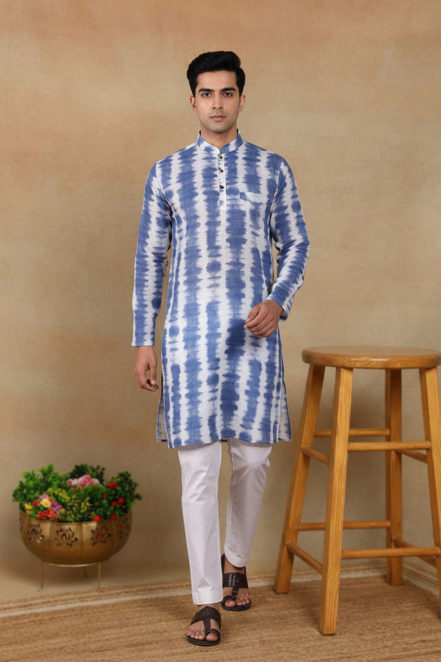 Mens Navy Blue Digital Printed Linen Kurta Set (ACA9248)