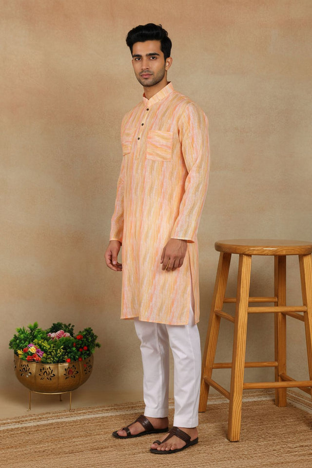 Mens Peach Digital Printed Linen Kurta Set (ACA9249)