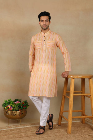 Mens Peach Digital Printed Linen Kurta Set (ACA9249)
